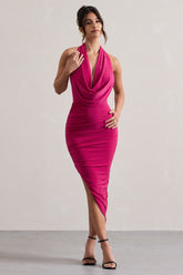 Hot Pink Cowl-Neck Asymmetric Maxi Dress